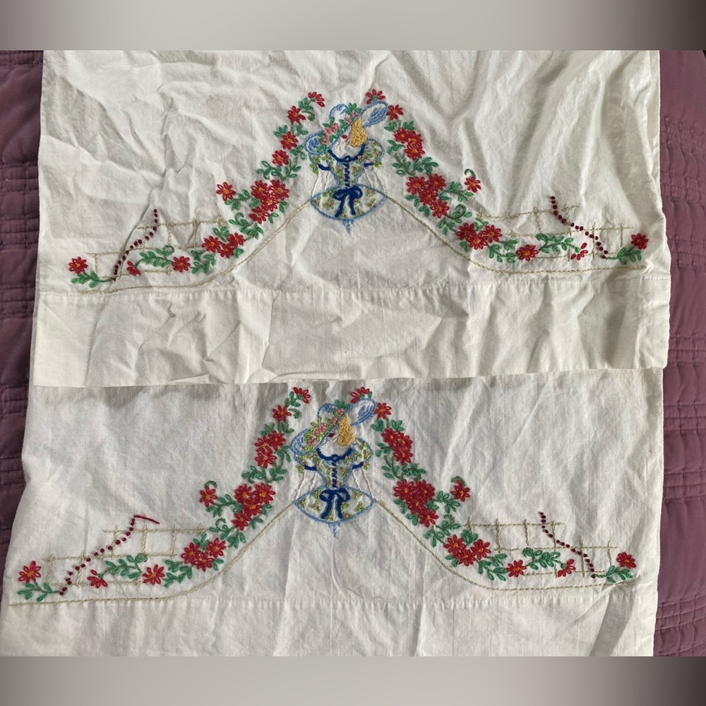 Vintage hand embroidered pillowcase set